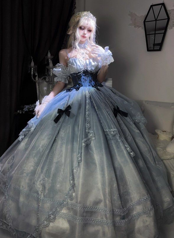 Stunning Blue Bow A Line Lace Tulle Lolita Goth Boning Dress Prom Dress SH4911