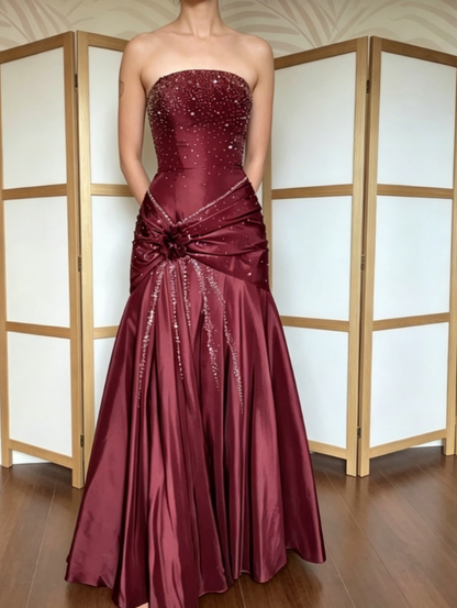 Vintage Black Mermaid Strapless Shiny Beaded Satin Long Party Dress Prom Dress SH5466