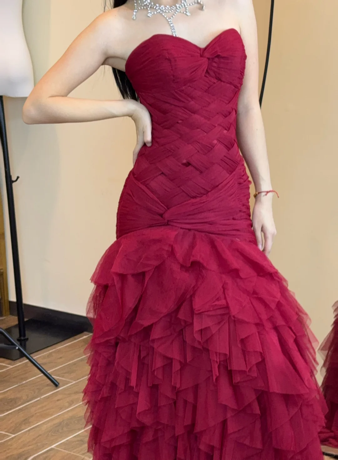 Vintage Burgundy Mermaid Sweetheart Neck Layered Tulle Long Prom Dress SH5211