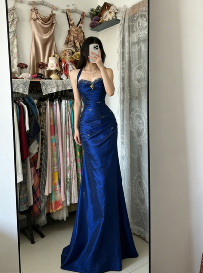 Vintage Halter Mermaid Long Prom Dresses Beaded Royal Blue Satin Birthday Dresses SH5041
