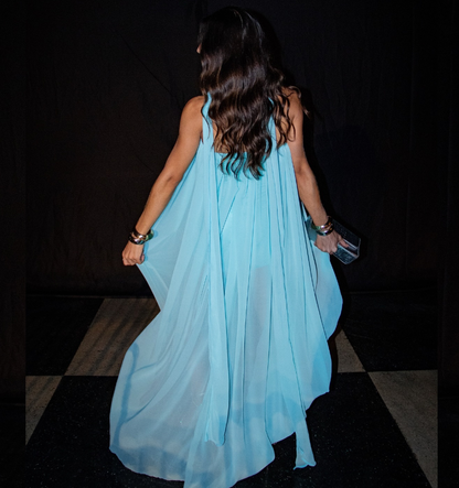 Unique A Line Strapless Blue Chiffon Short Long Prom Dress Evening Dress SH2290