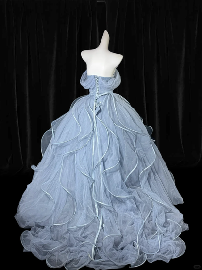 Vintage A Line Off the Shoulder Beaded Ruffle Tulle Prom Dress Evening Dress SH5610