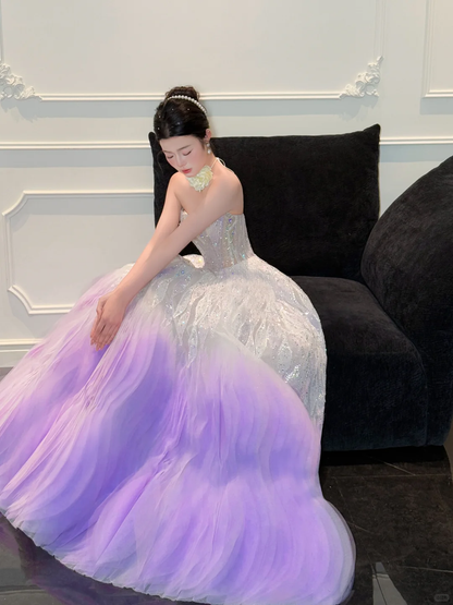 Stunning Ball Strapless Sequin Purple Tulle Long Prom Dress Party Dress SH4689