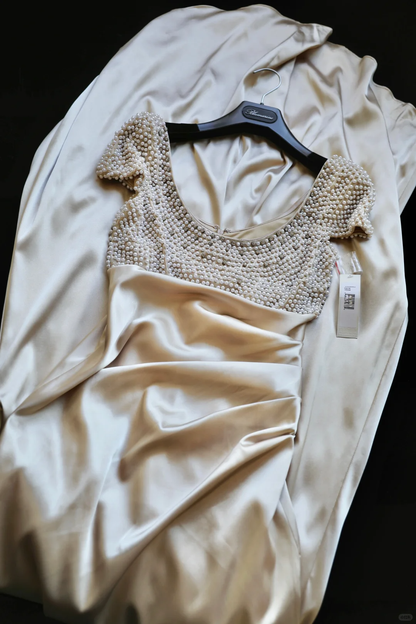 Vintage Champagne A Line Exquisite Pearls Satin Prom Dress Evening Dress SH5132