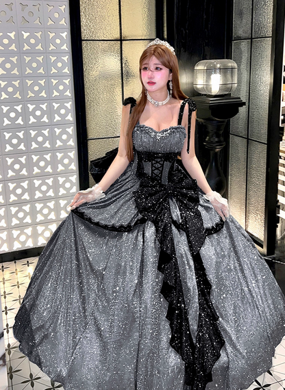 Stunning Black Bow A Line Sequin Lolita Goth Boning Dress Prom Dress SH4912