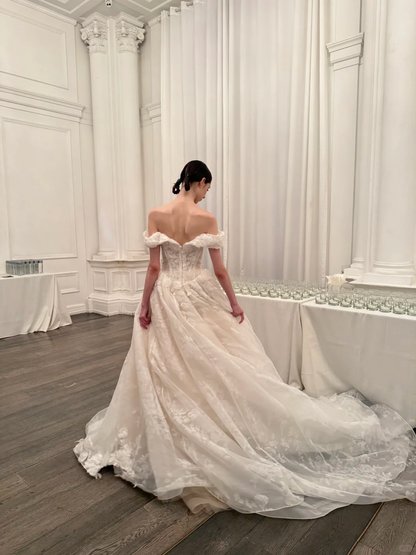 Sweety Ball Gown Off the Shoulder White 3D Floral Tulle Wedding Dress SH5076