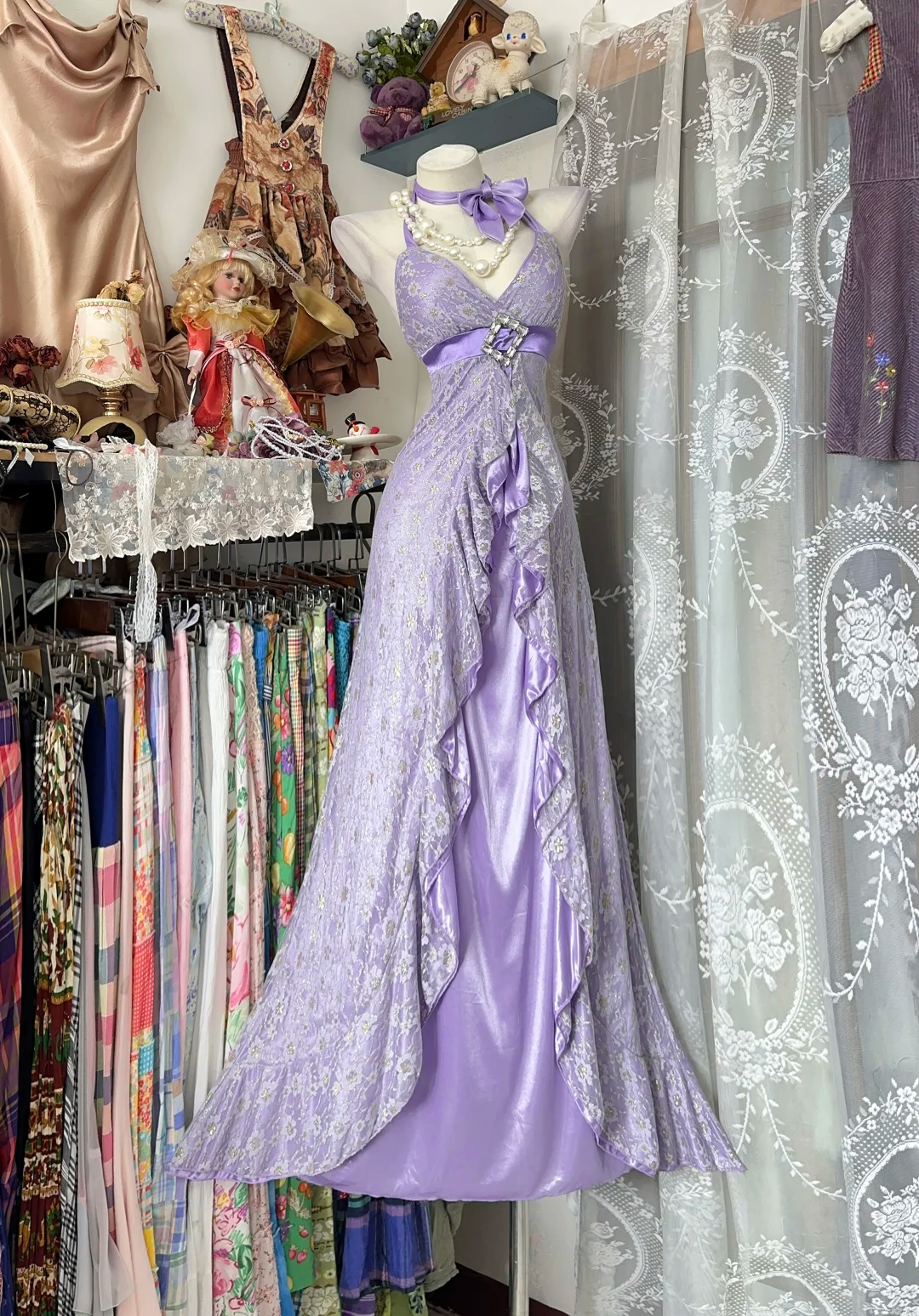 Vintage Lilac A Line Halter Lace Satin Prom Dress Evening Dress SH5626