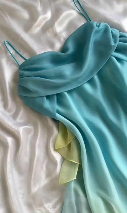 Vintage Blue Green Ombre A Line Straps Chiffon Long Prom Dress Wedding Guest Dress SH5457