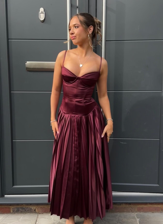 Stunning A Line Spaghetti Strap Pleated Dark Burgundy Satin Long Party Dress SH2921