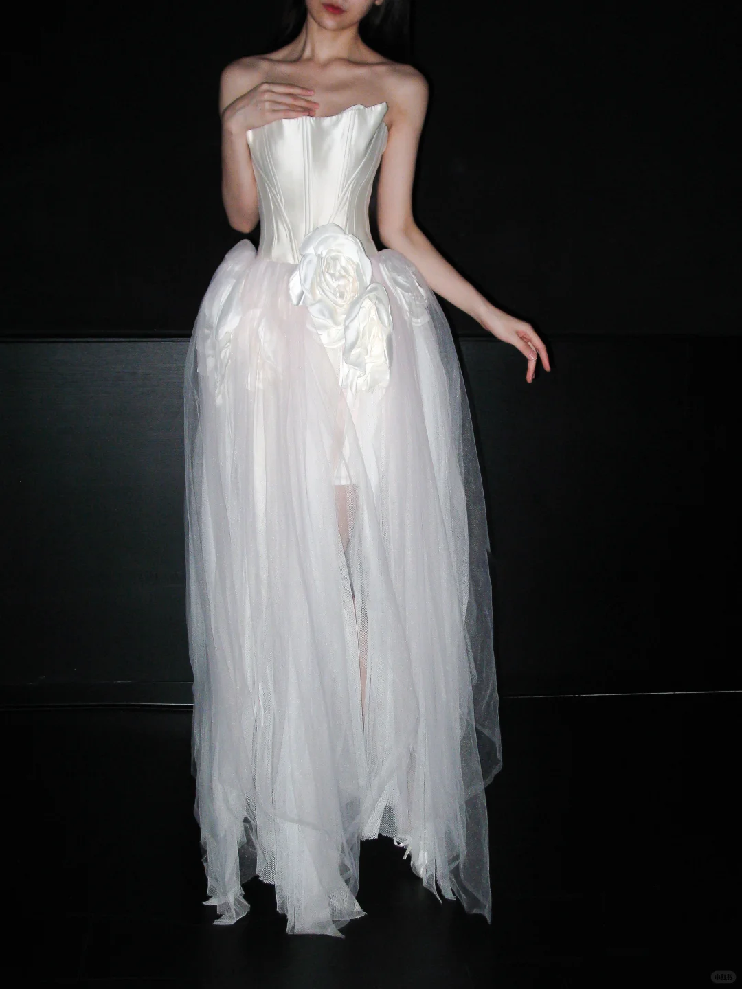 Unique A Line Strapless 3D Floral White Satin Tulle Long Wedding Dress SH5964