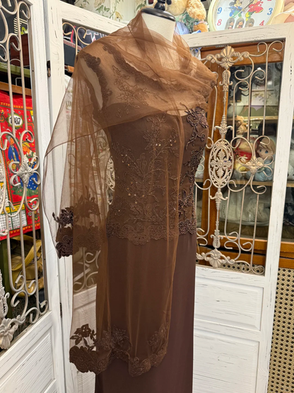 Vintage Brown A Line Round Neck Beaded Lace Chiffon Prom Dress Wedding Guest Dress SH5495