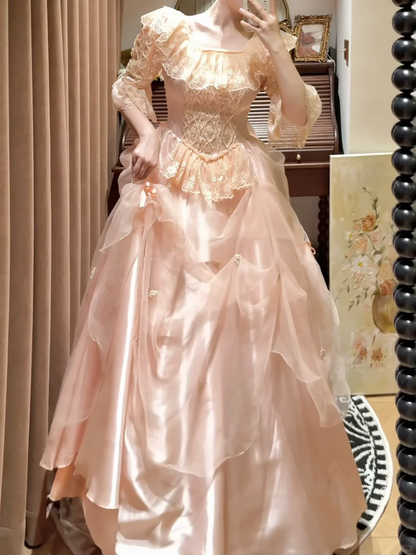 Vintage Light Pink Ball Gown Sleeve Lace Organza Satin Prom Dresses 18th Birthday Dresses SH4642