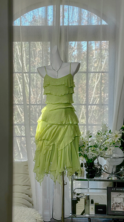 Vintage Green A Line Spaghetti Straps Beaded Layered Chiffon Homecoming Dress SH5121