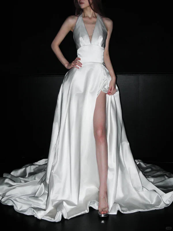 Stunning A Line Halter White Satin Backless Long Wedding Dress SH5980