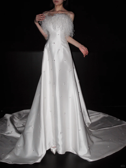Sweety A Line Strapless White Feather Beaded Satin Long Wedding Dress SH5974
