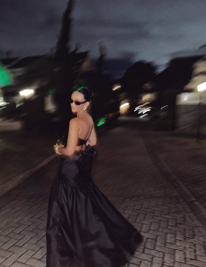 Unique Mermaid Strapless Black Tulle Satin Long Prom Dress Evening Dress with Bow SH2266