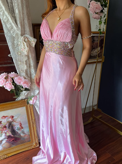 Stunning Pink A Line Halter Beaded Satin Backless Long Prom Dress Graduation Prom Dress SH5487