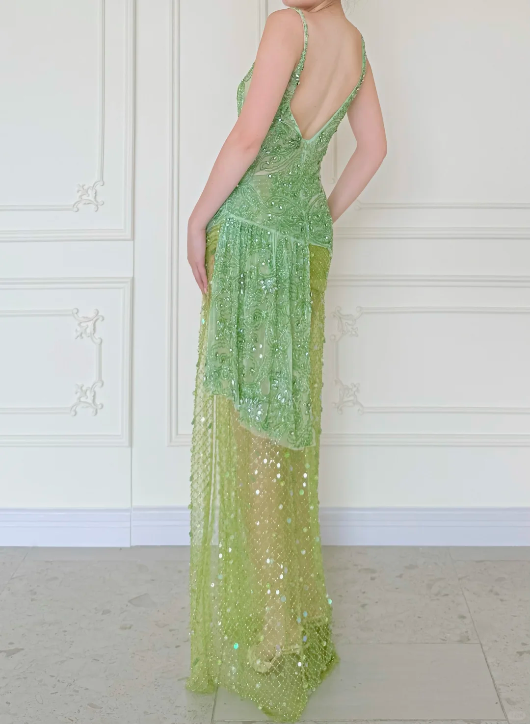 Summer Green A Line V Neck Shiny Beaded Slit Long Prom Dress Evening Dress SH5842