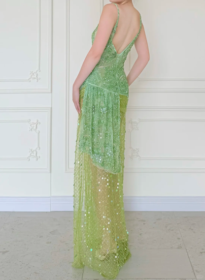 Summer Green A Line V Neck Shiny Beaded Slit Long Prom Dress Evening Dress SH5842