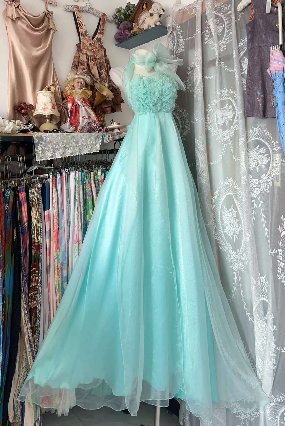 Vintage Iceberg Aqua A Line Halter Organza Satin Prom Dress Evening Dress SH5687