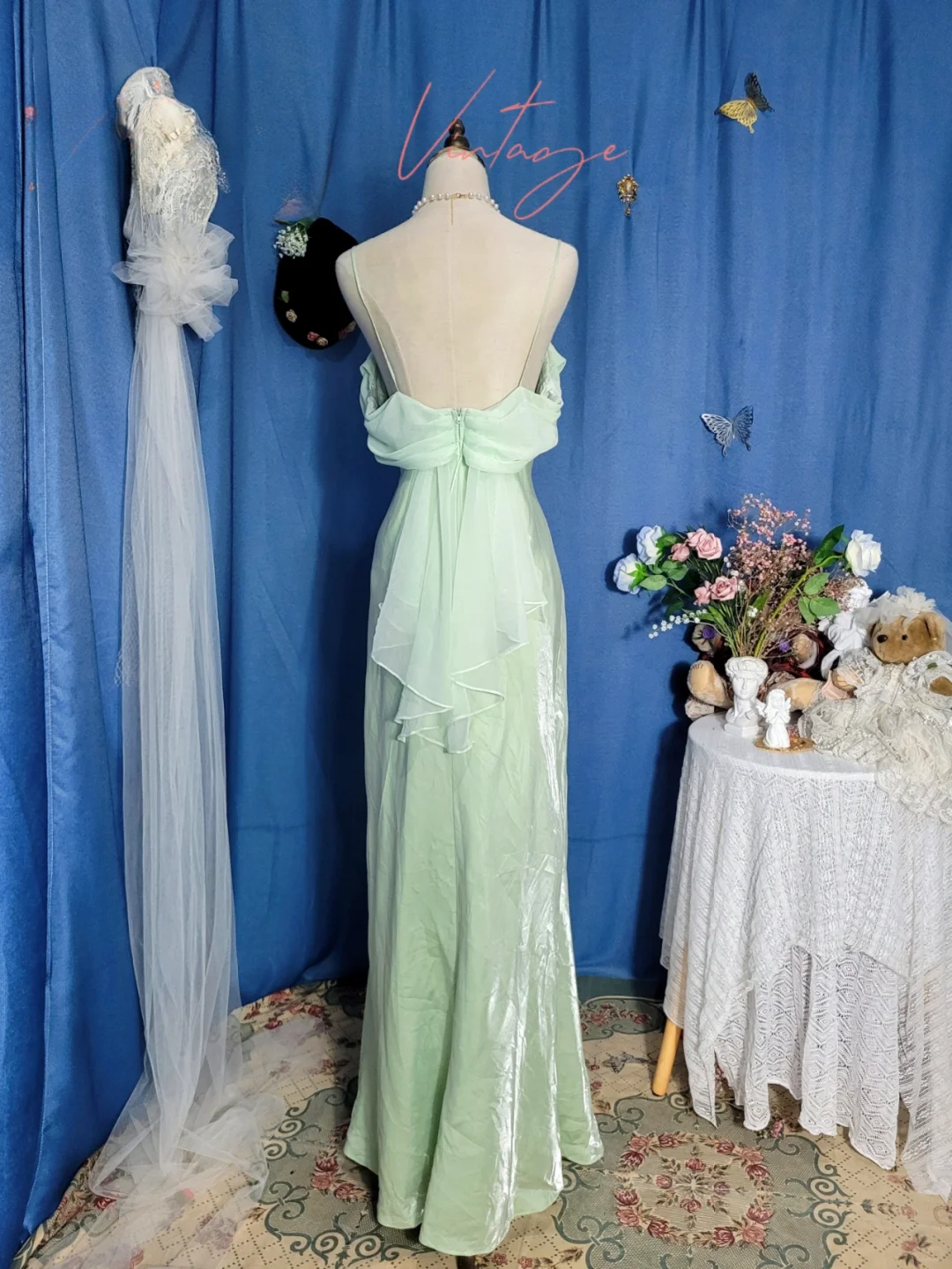 Vintage Green Simple Mermaid Spaghetti Strap Chiffon Satin Prom Dress Outfits SH4954