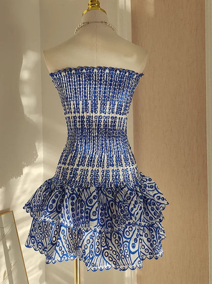 Vintage Dark Blue Pattern Design Strapless Mini Party Dress Homecoming Dress D1524