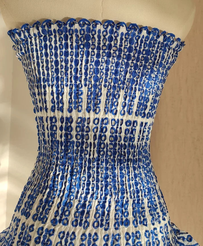 Vintage Dark Blue Pattern Design Strapless Mini Party Dress Homecoming Dress D1524