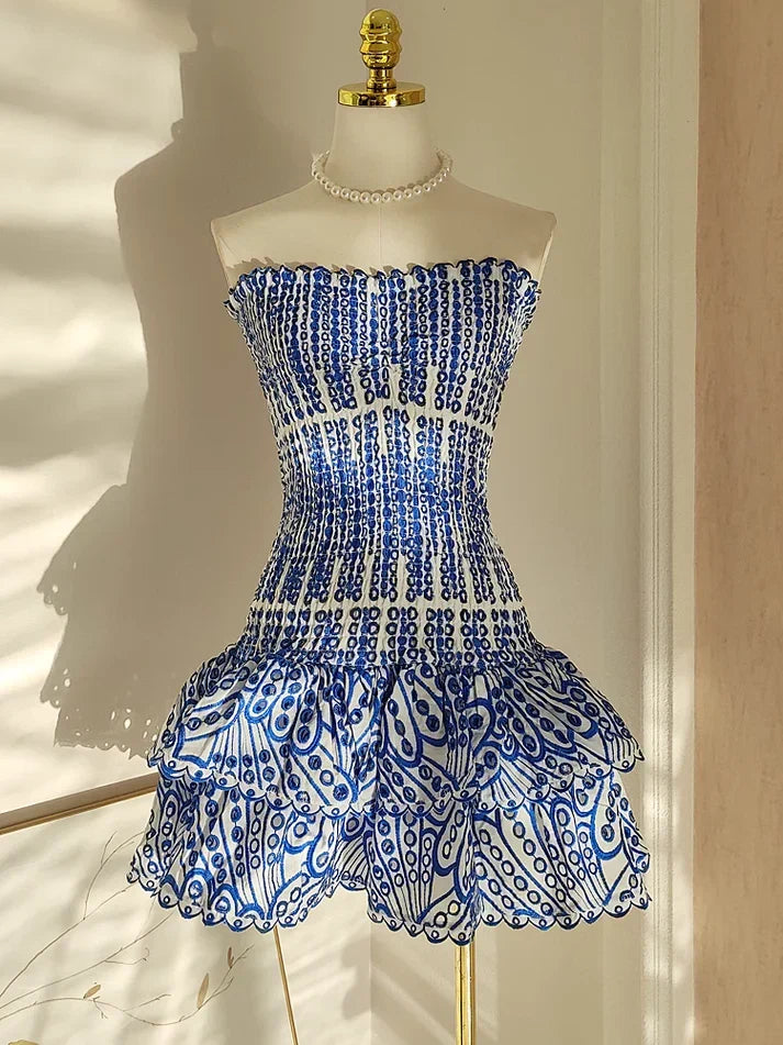 Vintage Dark Blue Pattern Design Strapless Mini Party Dress Homecoming Dress D1524