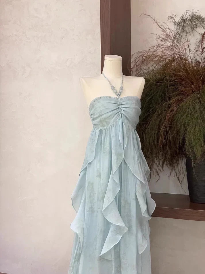 Floral Ruffle Design Halter Dress Elegant A-line Chiffon Evening Party Dress D1599