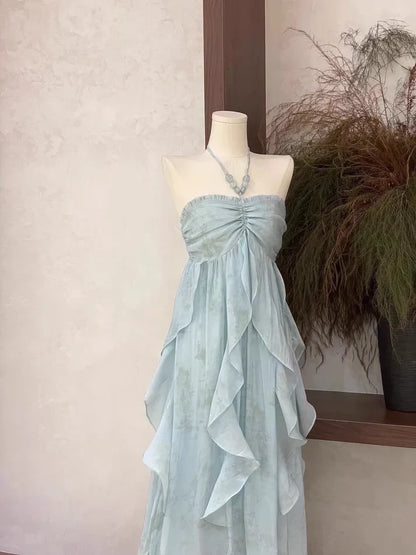 Floral Ruffle Design Halter Dress Elegant A-line Chiffon Evening Party Dress D1599