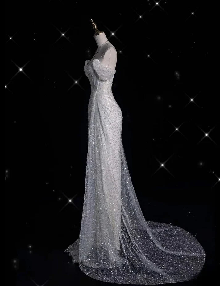 Elegant Sparkling Sequin Mermaid Design Off-the-shoulder Princess Wedding Dress, D1589
