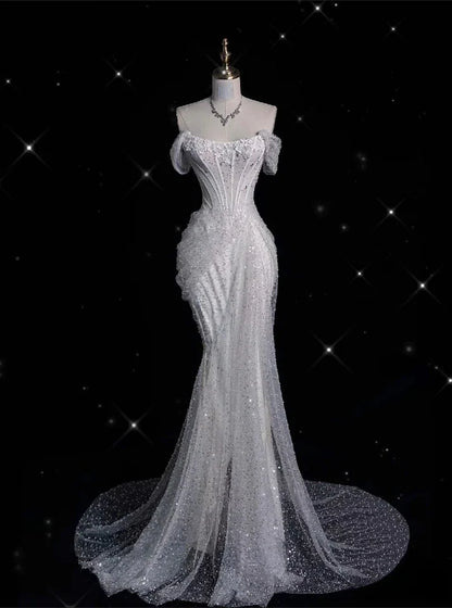 Elegant Sparkling Sequin Mermaid Design Off-the-shoulder Princess Wedding Dress, D1589