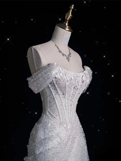 Elegant Sparkling Sequin Mermaid Design Off-the-shoulder Princess Wedding Dress, D1589