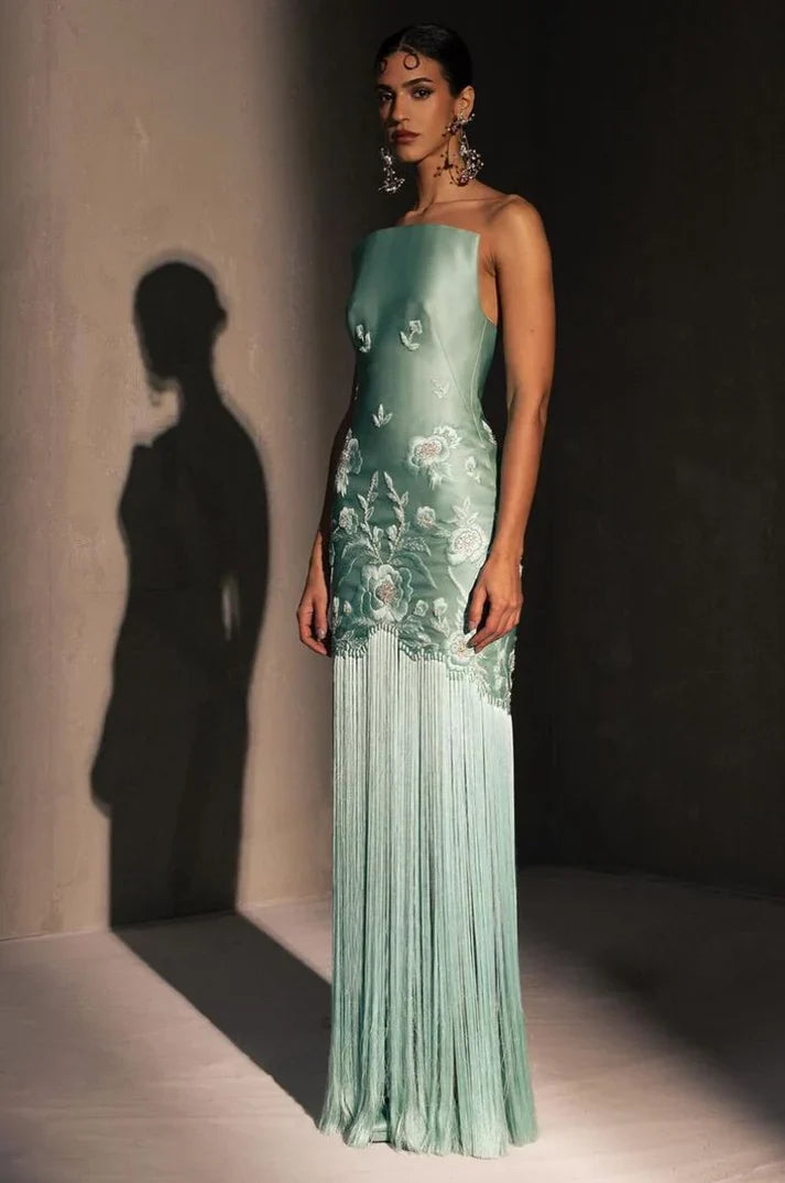 Unique Sheath Strapless Embroidered Flower Sage Green Satin Party Dress Evening Dress SH2899