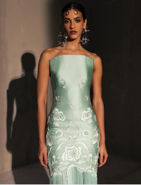 Unique Sheath Strapless Embroidered Flower Sage Green Satin Party Dress Evening Dress SH2899