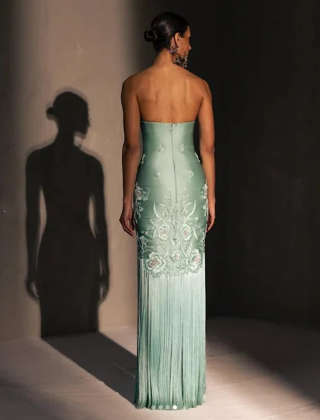 Unique Sheath Strapless Embroidered Flower Sage Green Satin Party Dress Evening Dress SH2899