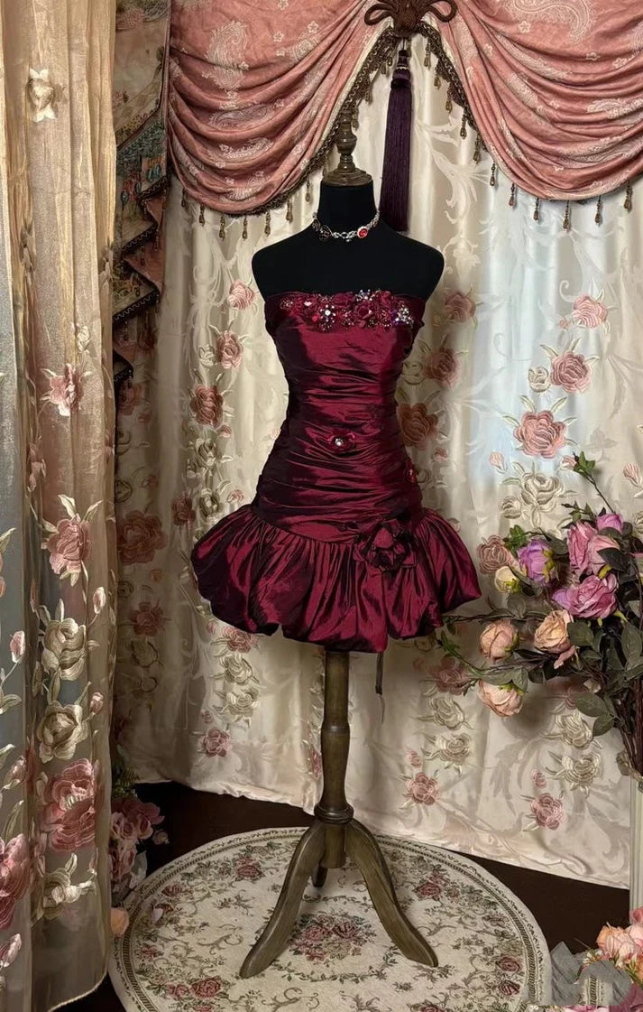 Vintage Burgundy Sheath Strapless 16th Birthday Dress Party Dresses Homecoming Dress D1533