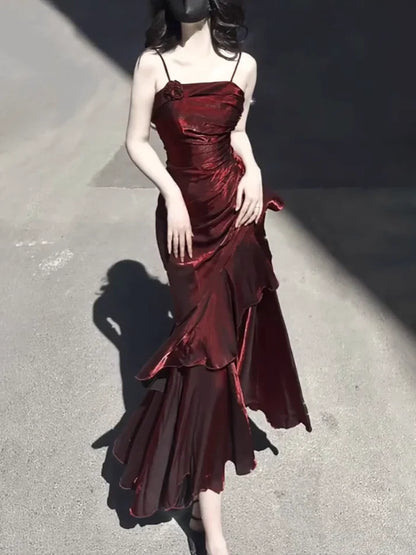 Vintage Burgundy Spaghetti Strap Ruffle Design Elegant A-line Evening Dress Prom Dress D1600