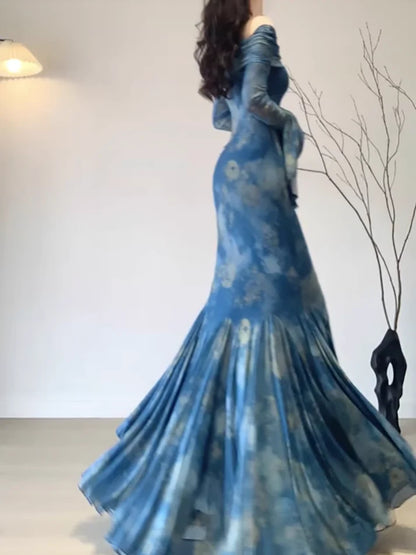 Vintage Blue Off-the-shoulder Floral Design Elegant Mermaid Chiffon Evening Dress Prom Dress D1596