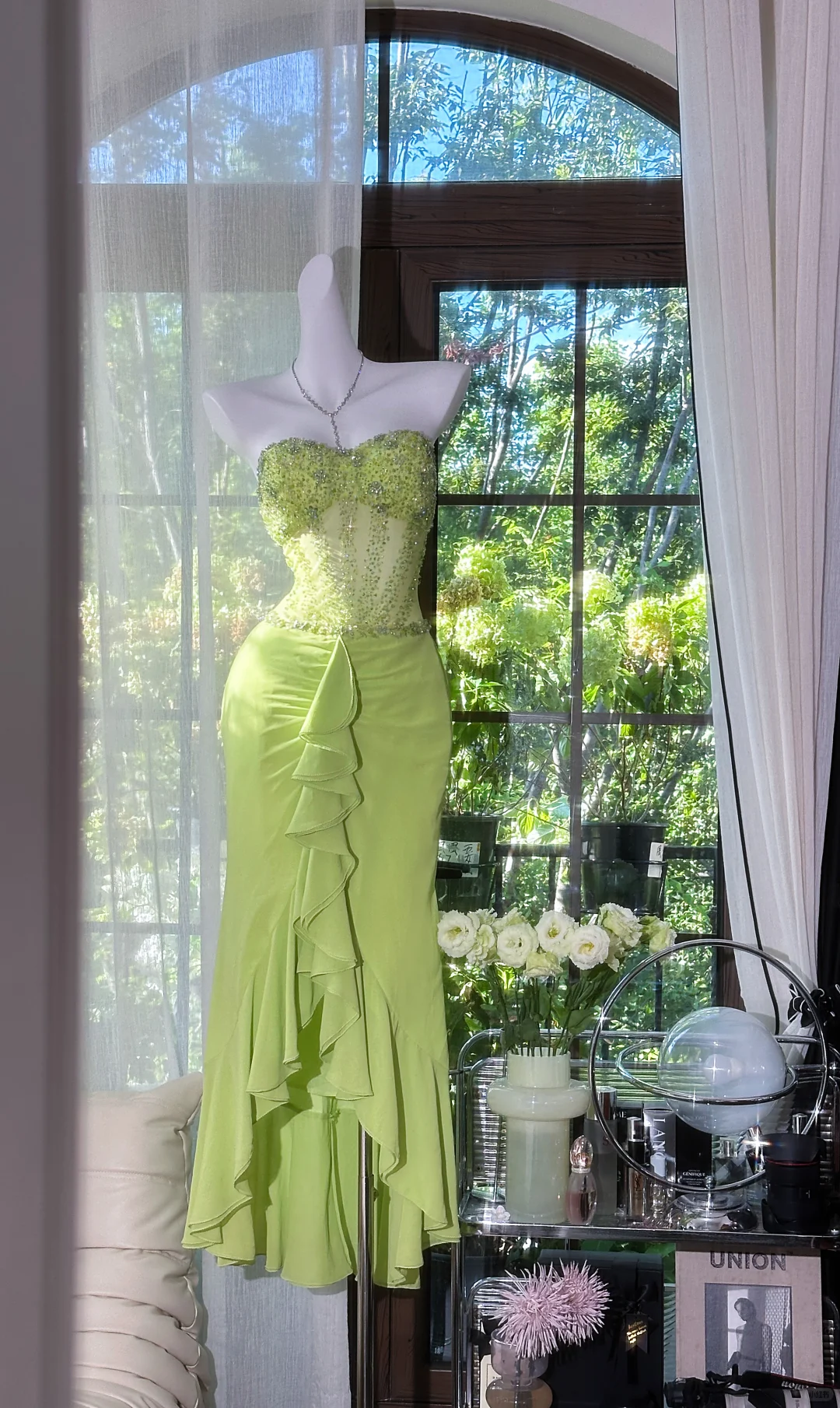 Vintage Green Mermaid Sweetheart Neck Beaded Ruffle Chiffon Prom Dress SH5122