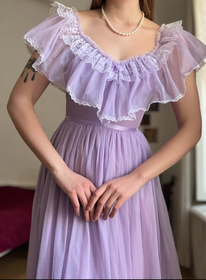 Vintage A Line Off the Shoulder Lilac Tulle Prom Dress Evening Dress Date Dress SH5633