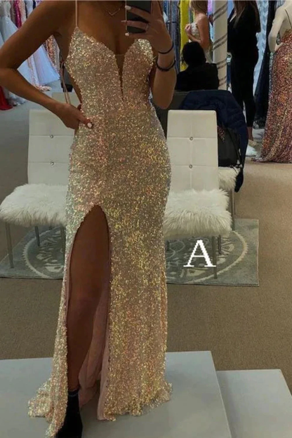 Spaghetti Straps Mermaid Prom Dress, Sparkly Sequins Slit Long Formal Gown SH256