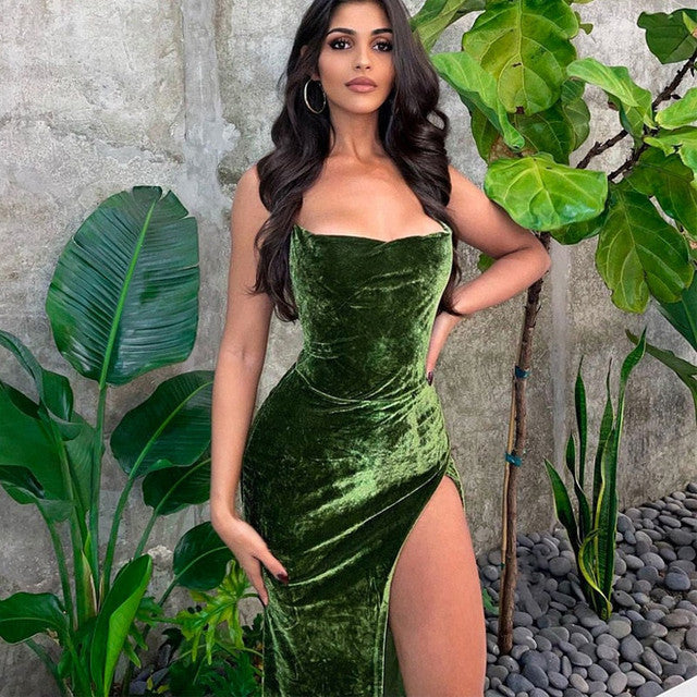 Velvet Backless Bandage Green Slip Dress Prom Dress SH293