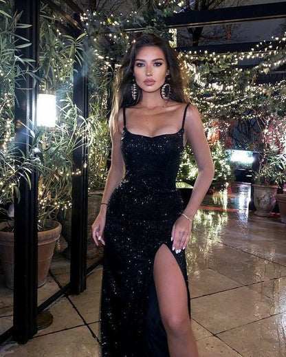 Spaghetti-Straps Mermaid Sequin Black Prom Dress SH532