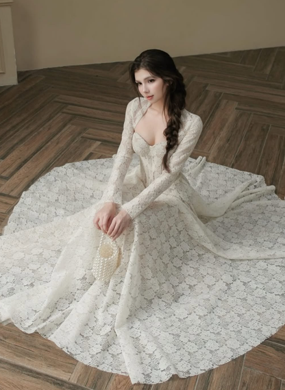 Sweety A Line Spaghetti Straps Long Sleeve White Lace Long Prom Dress SH5296