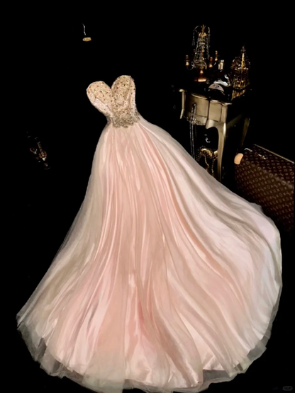 Stunning Pink A Line Sweetheart Neck Beaded Tulle Satin Prom Dress Party Evening Dress SH5900