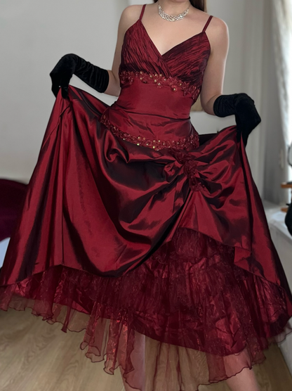 Vintage A Line Straps Appliques Burgundy Satin Prom Dress Evening Dress SH6072