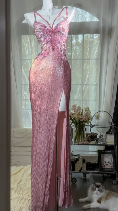 Stunning Pink Butterfly Sheath Beaded Long Prom Dress Graduation Prom Dress with Slit SH5347