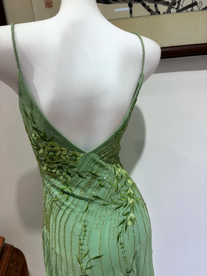 Vintage A Line Spaghetti Straps Embroidered Beaded Chiffon Graduation Prom Dress SH5275