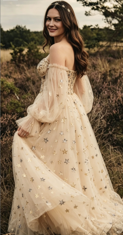 Sweetheart Champagne Tulle Bubble Sleeves Long A Line Prom Dress Beaded Evening Dress KS7039